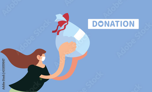 woman with mask and food to donation