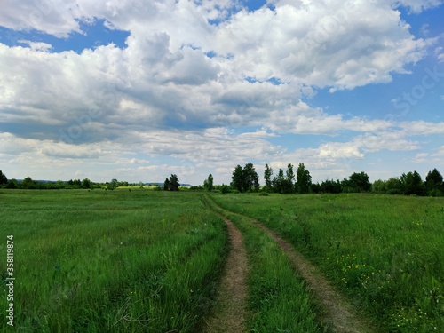 country road in a field among green grass against the sky with beautiful clouds