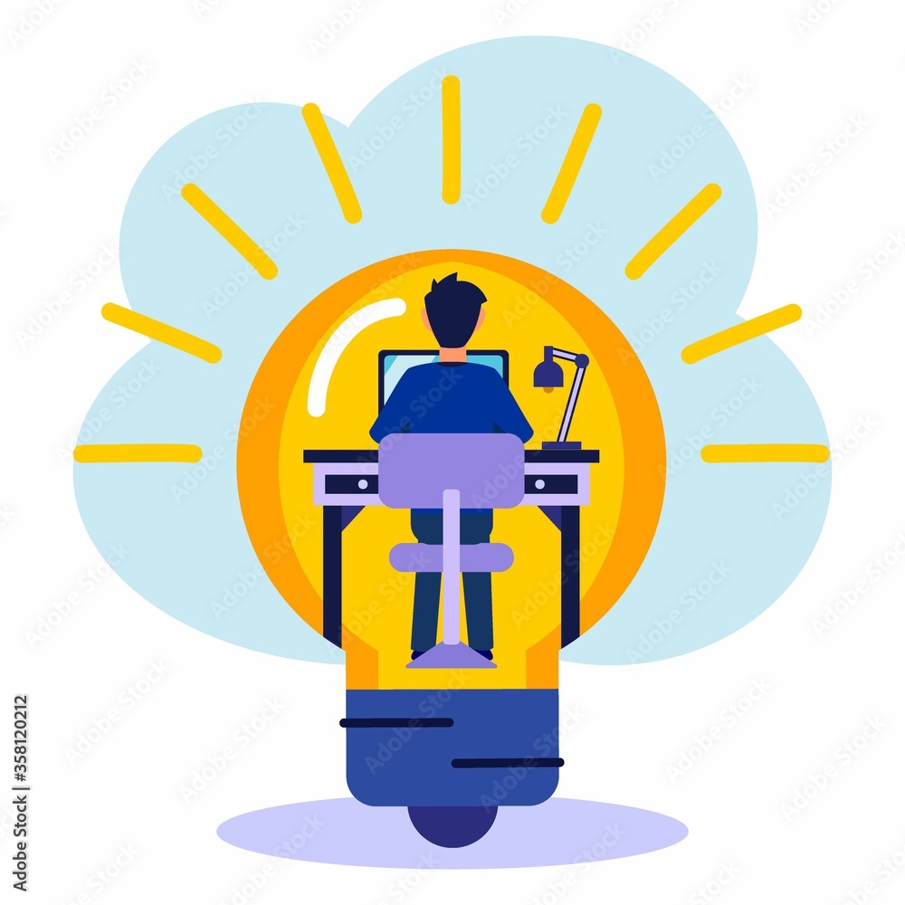 Young man is working on the development of a design concept idea project. generate ideas. creative business project. vector illustration. Successful freelancers.