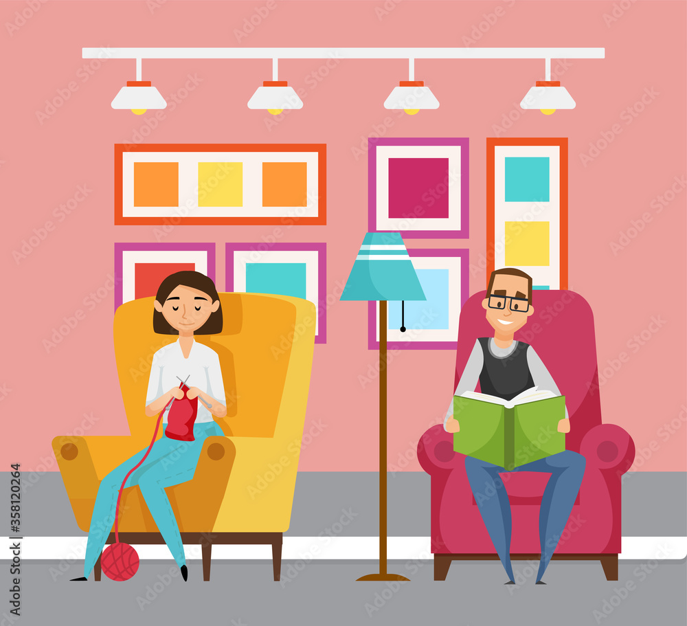 Man and woman sitting at home vector, knitting lady and male reading book. Character on pastime, leisure time of family, relaxation and recreation