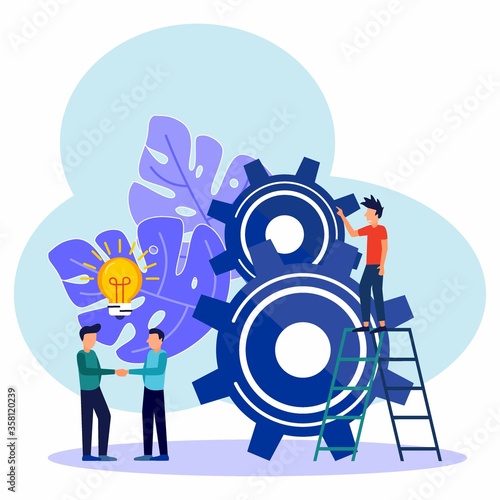 The concept of investors shaking hands, money in business ideas, starting work, documents. Vector illustration of opening a new startup, financing a creative project. Education. Team work.