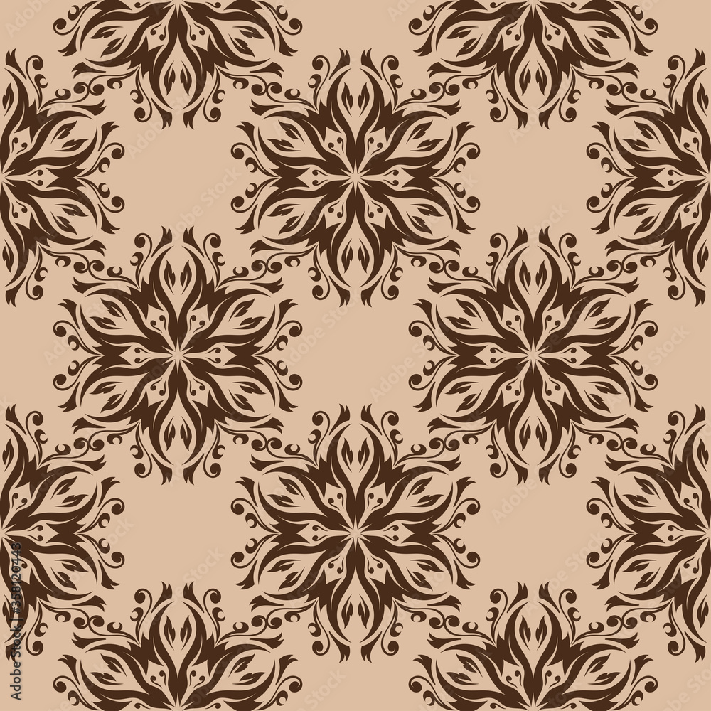 Brown floral seamless pattern. Flower design on beige background Brown floral seamless pattern. Flower design on beige background