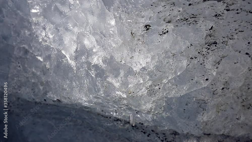 Macro shot of meltwater dripping from glacier ice cave signaling climate change Macro shot of meltwater dripping from glacier ice cave signaling climate change
