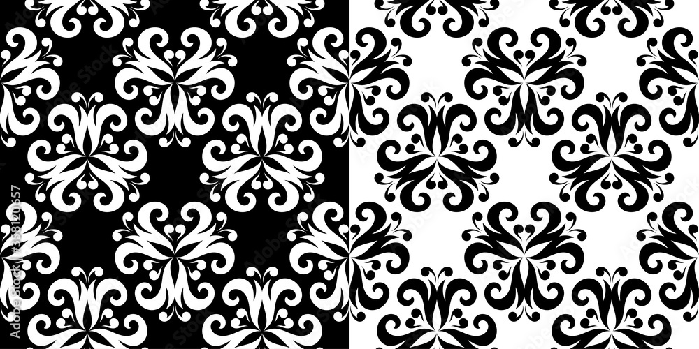 Floral seamless set of patterns. Black and white backgrounds Floral seamless set of patterns. Black and white backgrounds