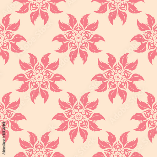 Floral seamless pattern. Pink flowers on beige background