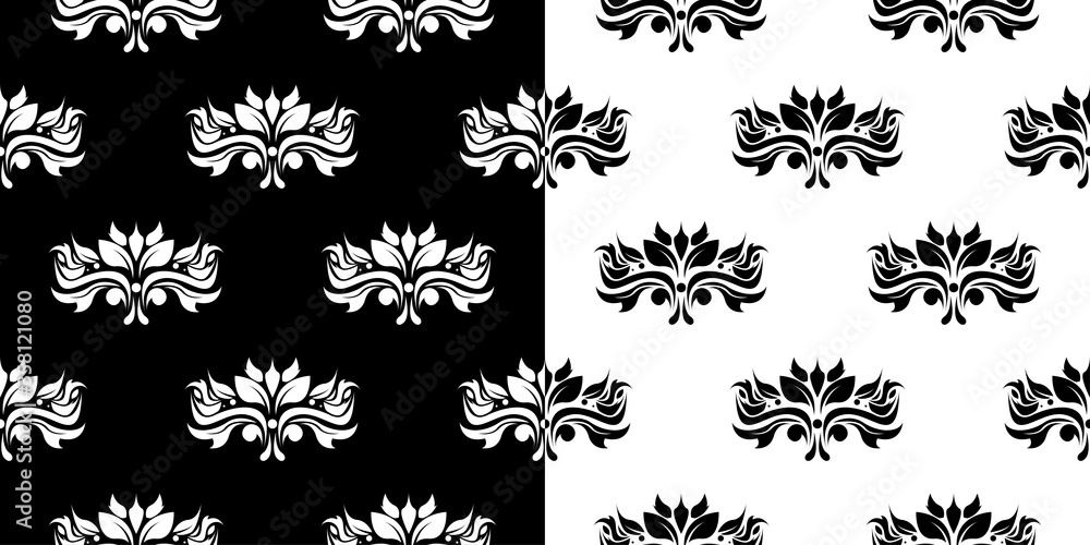 Floral seamless patterns. Black and white monochrome backgrounds compilation Floral seamless patterns. Black and white monochrome backgrounds compilation