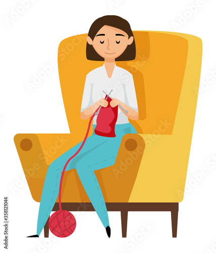 Portrait view of woman needlecrafting, person sitting on armchair with needles, crocheting cloth. Female needlework indoor, knitting hobby vector
