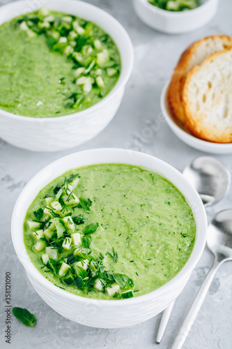 Cucumber Gazpacho. Green fresh cold summer soup.