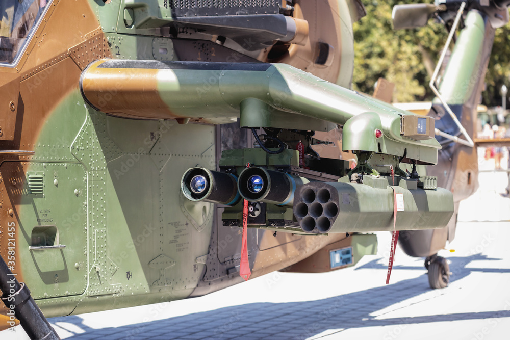 Closeup of Attack Helicopter HA.28 Tiger during display of Spanish Armed Forces Day in Seville, Spain Closeup of Attack Helicopter HA.28 Tiger during display of Spanish Armed Forces Day in Seville, Spain