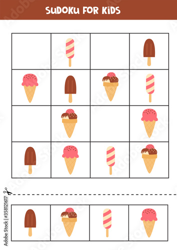 Sudoku with ice creams. Educational worksheet for kids.