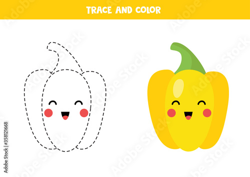 Trace and color cute kawaii yellow pepper. Handwriting practice.