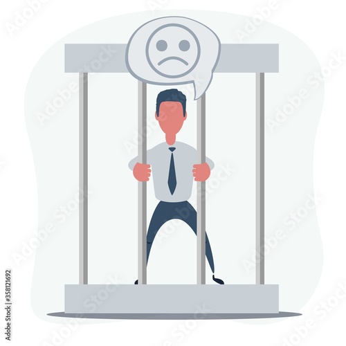 Young businessman behind the bars in prison. Man holding bars isolated on white. Vector flat design illustration.