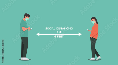 man and woman using phone and maintain social distancing, character vector flat illustration