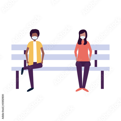 school boy and girl with medical mask on bench vector design