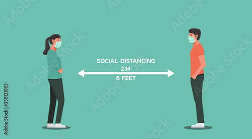 young couple standing and looking at each other maintain social distancing, character vector flat illustration