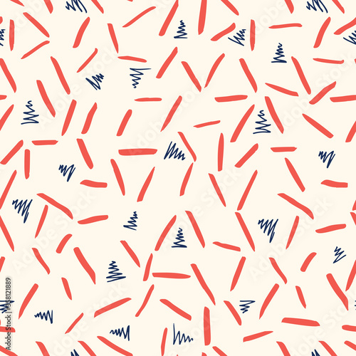 Playful Blue White and Red Geometric Vector Seamless Pattern with Hand-Drawn Triangles and stripes. Doodle Red Zig-Zag Triangles. Abstract Organic Geo Print Perfect for Fashion, Textiles, Scrapbooking