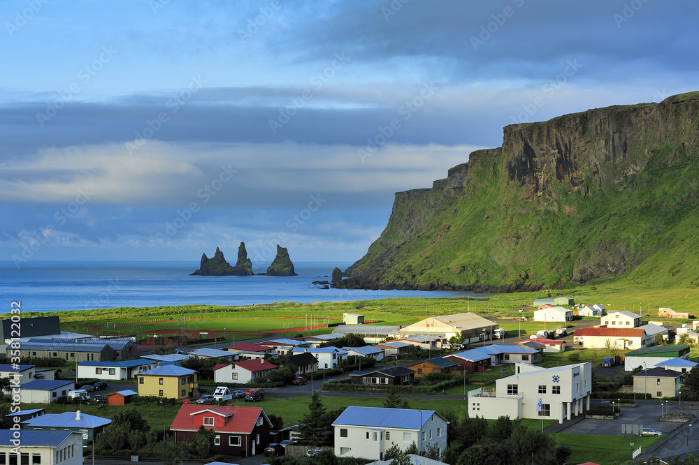 view of Vic and Reynisdrangar, Iceland