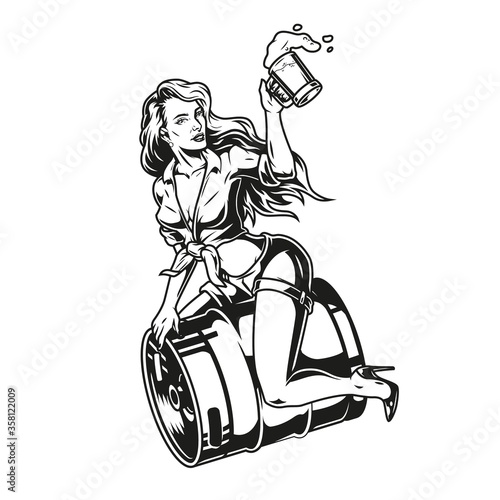 Pin up girl sitting on beer keg