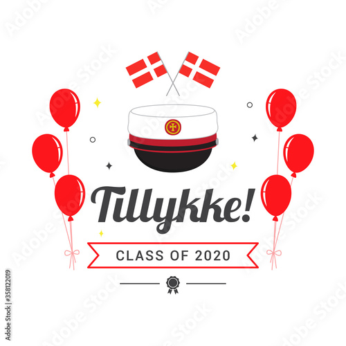 Tillykke! (Danish Translation; " Congratulations! ") graduation card vector illustration. Danish graduation cap with balloons