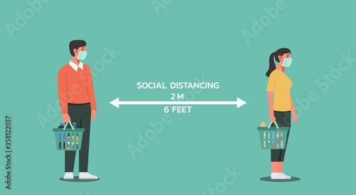 man and woman holding shopping basket and standing on queue maintain social distancing, character vector flat illustration