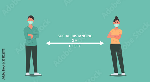 man and woman wear face mask and cross their arms standing together maintain social distancing, character vector flat illustration