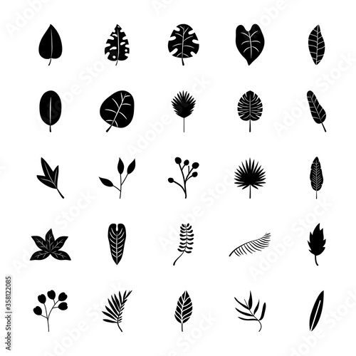 icon set of tropical leaves banana palm leaf, silhouette style
