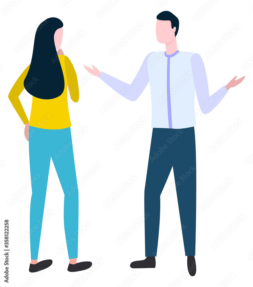 Debating man and woman arguing about something, isolated cartoon style people in quarrel. Vector disputing man and woman discussing brokers sales Debating man and woman arguing about something, isolated cartoon style people in quarrel. Vector disputing man and woman discussing brokers sales