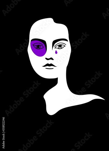 Illustration on the topic of domestic violence in a minimalistic style. 
Woman with a black eye and a tear. Can be used as a poster. Violet black and white colour.
