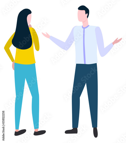 Debating man and woman arguing about something, isolated cartoon style people in quarrel. Vector disputing man and woman discussing brokers sales