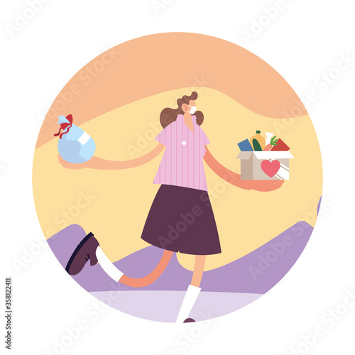 woman with mask and food to donation