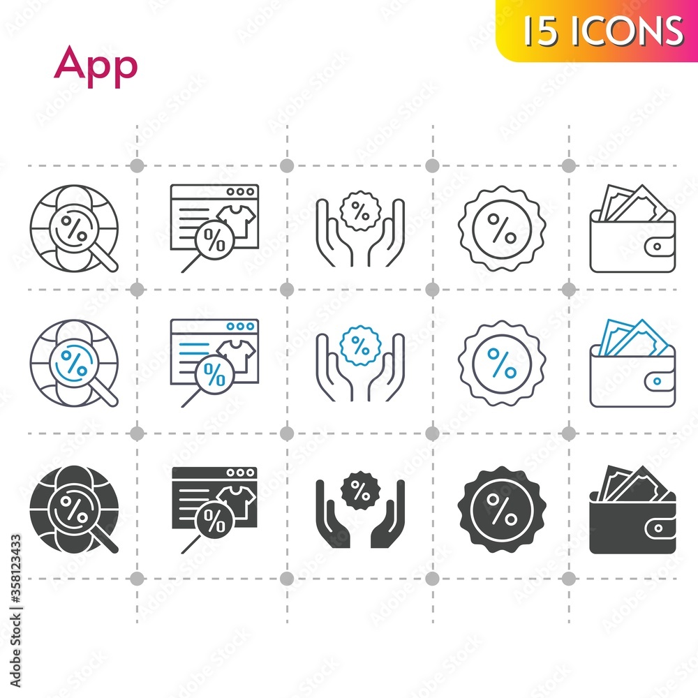 app icon set. included online shop, wallet, discount, internet icons on white background. linear, bicolor, filled styles. app icon set. included online shop, wallet, discount, internet icons on white background. linear, bicolor, filled styles.