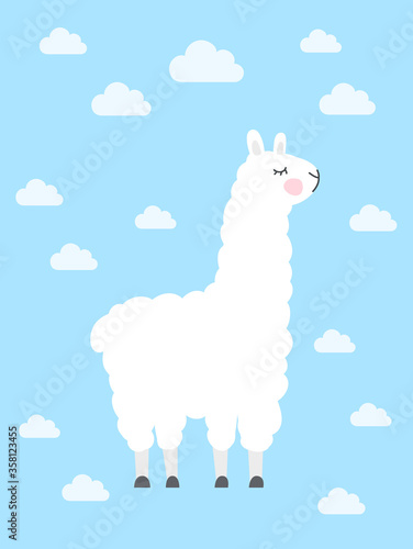 Illustration of the cute llama on the clouds background