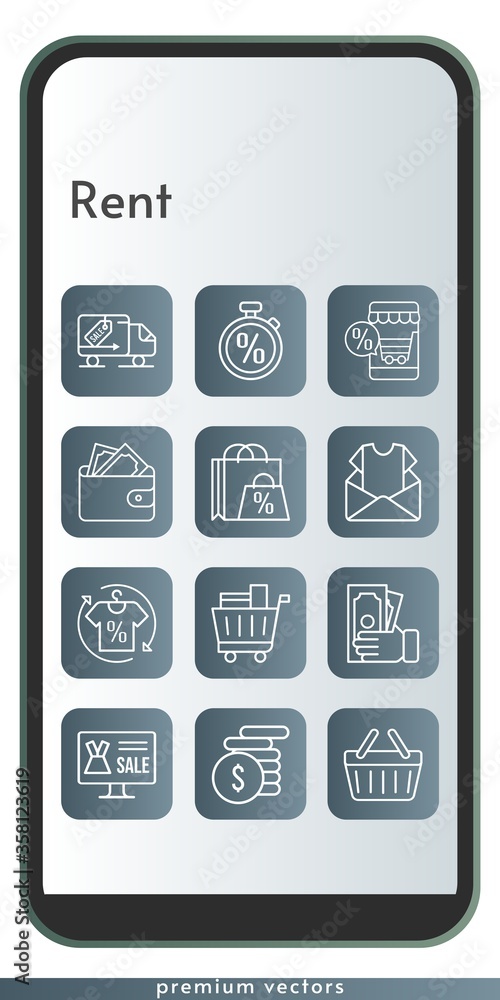 rent icon set. included online shop, shopping bag, newsletter, wallet, shirt, money, shopping cart, delivery truck, shopping basket, stopwatch icons on phone design background . linear styles. rent icon set. included online shop, shopping bag, newsletter, wallet, shirt, money, shopping cart, delivery truck, shopping basket, stopwatch icons on phone design background . linear styles.