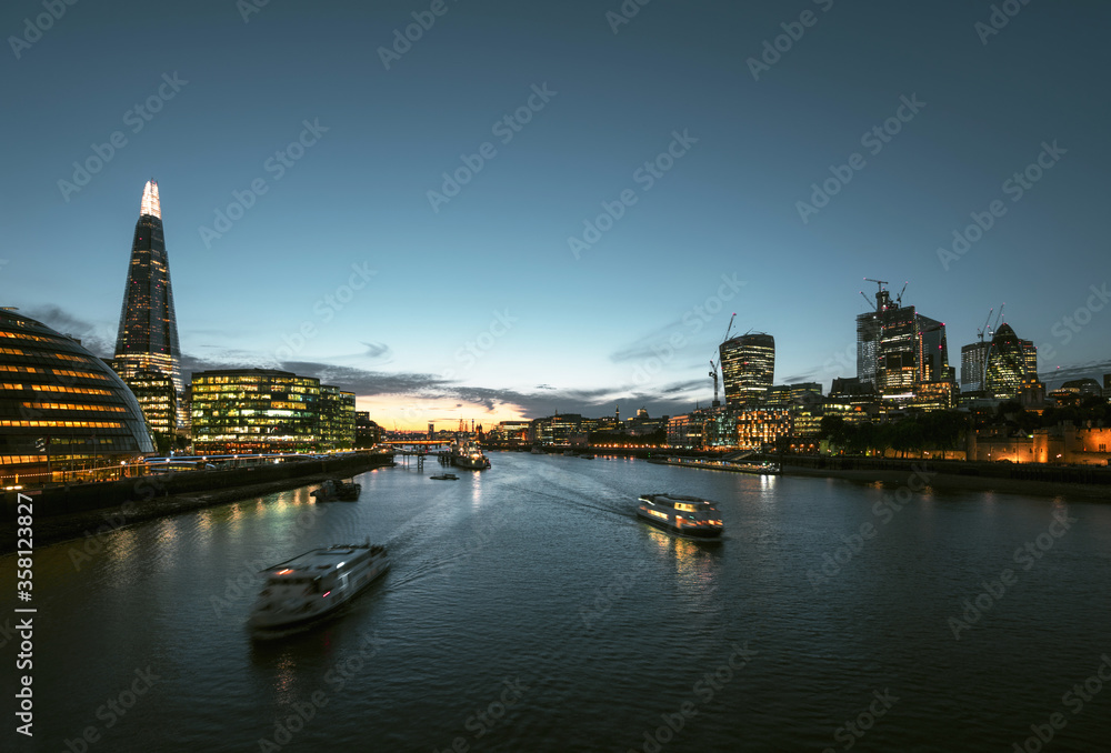sunset in London, river Thames from Tower Bridge, UK