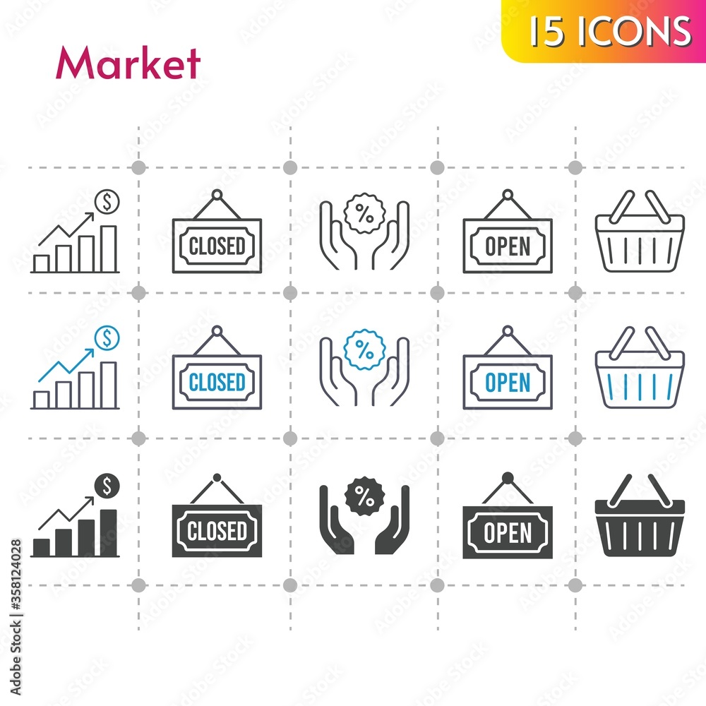 market icon set. included profits, closed, discount, shopping-basket, open, shopping basket icons on white background. linear, bicolor, filled styles.