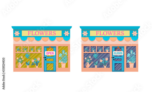 The flower shop is open and closed. Set of illustration of exterior facade store building.Collection of the facades of the shops isolated on a white background. Vector illustration in flat style