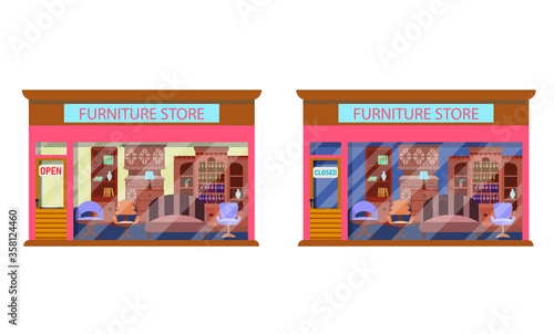 The furniture store is open and closed. Set of illustrations of the exterior facade of the store building.Collection of store facades isolated on a white background.Vector illustration in flat style