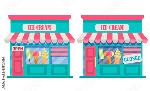 The ice cream shop is closed and open. A collection of store facades isolated on a white background.Vector illustration in flat style
