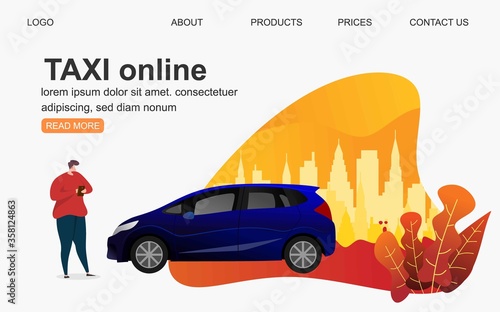 Booking taxi online concept design. Flat illustration of young men and women standing near big smartphone and using their own smart phones for ordering taxi cab via mobile app and paying online
