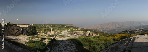 panorama of the ancient ruins in Umm Qais  Jordan with Golan Heights in the background