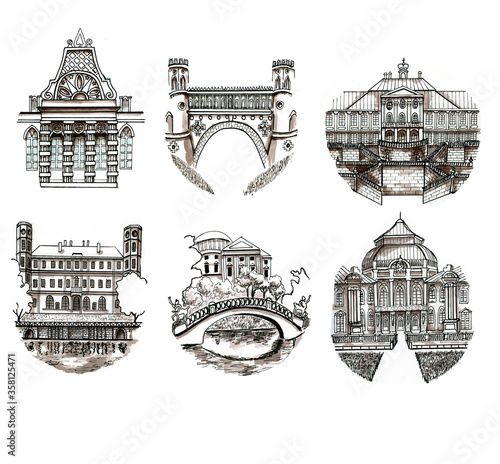 Sights of St. Petersburg and Moscow. Set of monochrome icons. Moscow, Tsaritsyno, Gatchina, Pushkin, Orienbaum, Lomonosov. Hand-painted watercolor sketch.