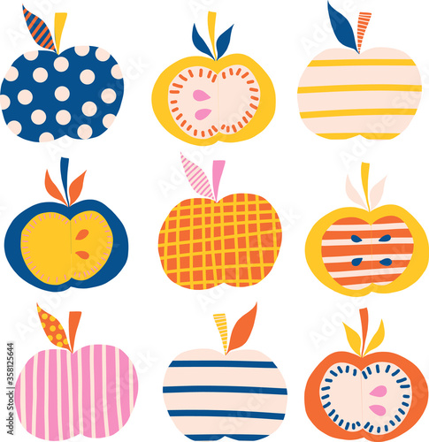 Apples vector illustration icon set. Cute abstract apple fruit in blue, pink, orange, yellow in Scandinavian style. Use for kids products, children decor