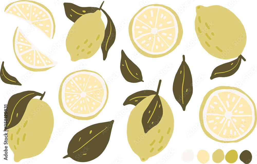 Lemon, slices of lemon and leafs hand drawn childish vector clipart set isolated on white background.