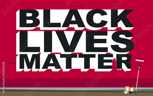 Black lives matter graffiti banner, modern logo, banner, design concept, sign, with space for your own text.
Black lives matter Graffiti on the street on a red wall with a paint  roller and cans.
