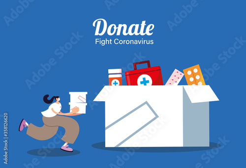 woman with medical masks donating medicines, covid 19