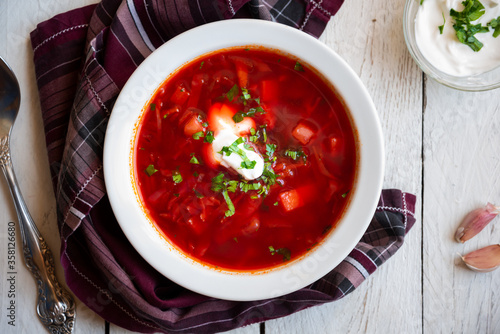 Vegetable soup borsch made with beetroot and other vegetables