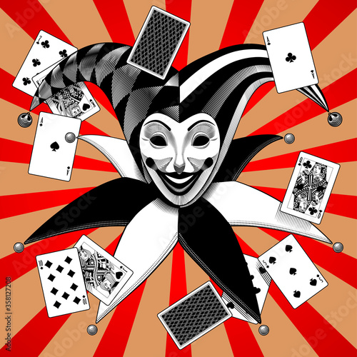 Engraved drawing of a Joker head in retro style with playing cards on the color background