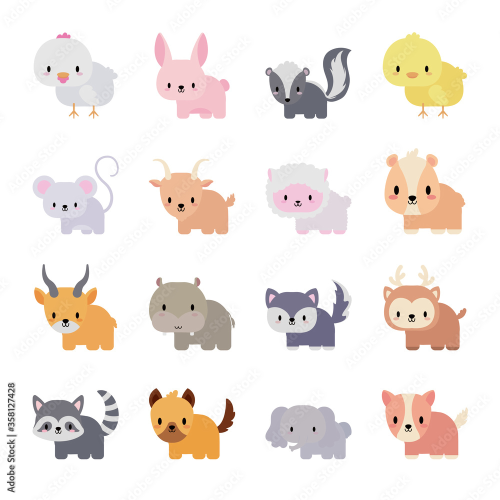 set of icons animals baby kawaii, flat style icon