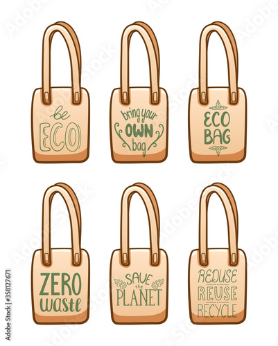 Beige textile eco bags with motivational ecology letterings set isolated illustration on white background