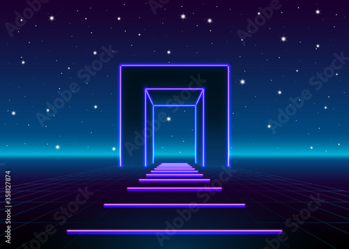 Neon 80s styled massive gate in retro game landscape with shiny road to the future